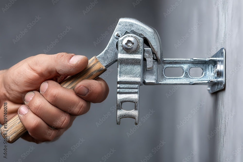 Poster hand using a clamp tool to secure a metal bracket on a gray wall during a home improvement project