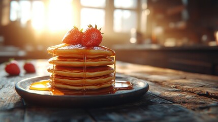 Stack of pancakes topped with strawberries and syrup, sunny kitchen