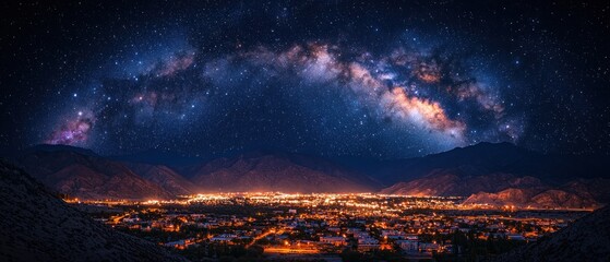 Fototapeta premium Night Sky over a City nestled in Mountains