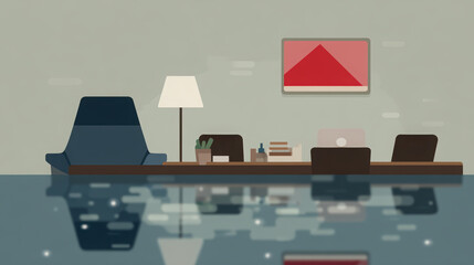 Serene CEO workspace featuring modern desk, comfortable chair, and decorative elements, creating calm and productive atmosphere. reflection adds unique touch to design