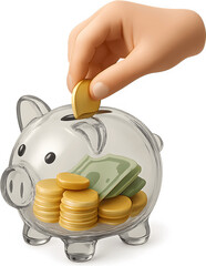 돈채워져있는투명저금통에돈넣는손