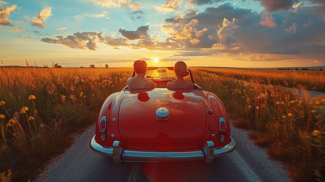 A romantic road trip captured as a couple enjoys a sunset, creating a picturesque moment of adventure and connection, framed by golden fields and warm skies.