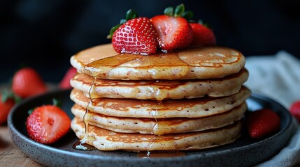 Stacked pancakes drizzled with syrup, topped with fresh strawberries