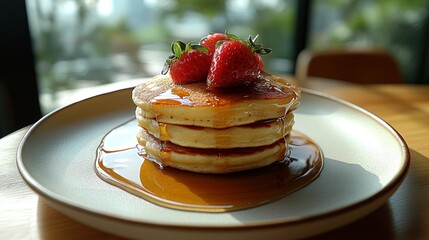 Stacked pancakes drizzled with syrup, topped with strawberries