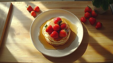 Stacked pancakes topped with fresh strawberries and drizzled with maple syrup