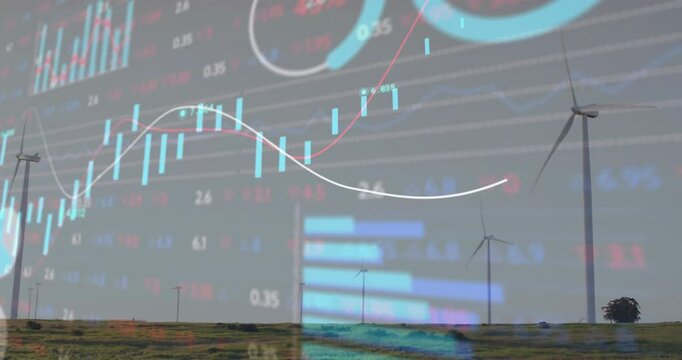 Plain filling shot causing candlestick bar chart floating over wind turbines tracking energy trends - Powered by Adobe