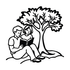 couple sitting under tree reading a book  .eps