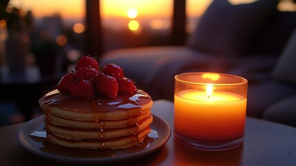 Stacked pancakes with strawberries at sunset