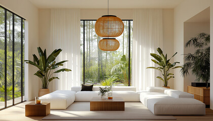 Spacious living room with white modular sofa, plants and bamboo lamps. A zen refuge with natural light for your projects.