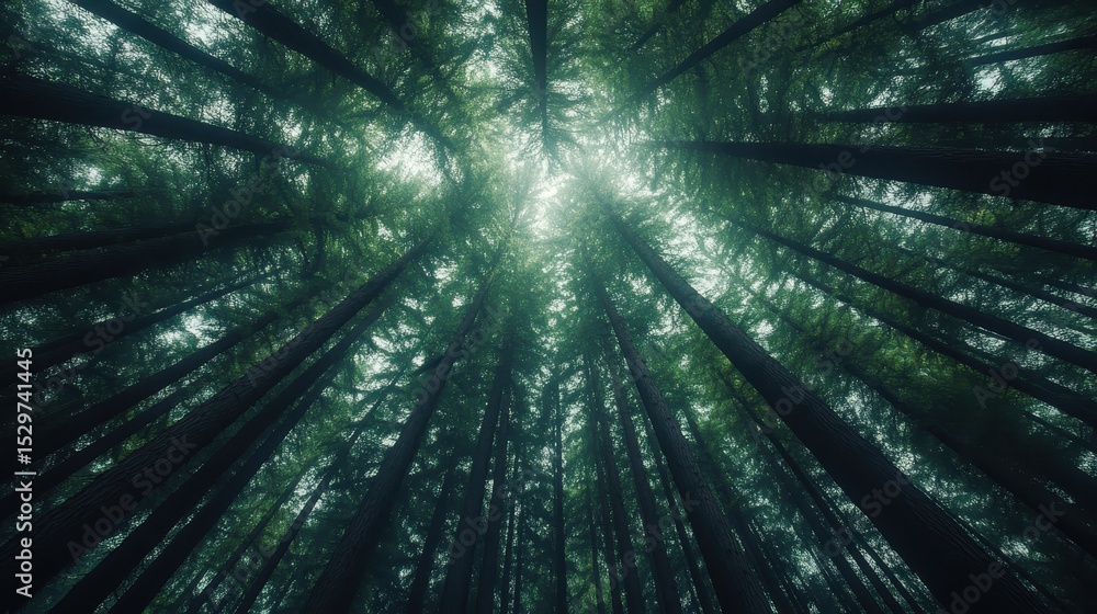 Aufkleber a breathtaking view of towering trees reaching skyward, illuminated by ethereal light filtering thro