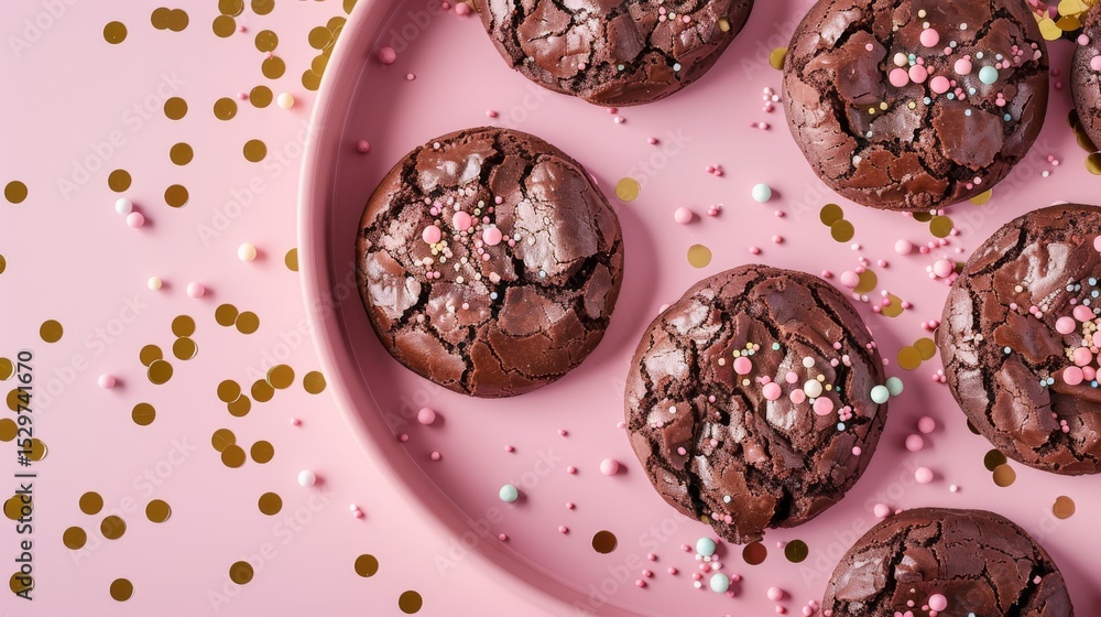 Poster a tempting array of freshly baked chocolate cookies adorned with colorful sprinkles placed on a vibr