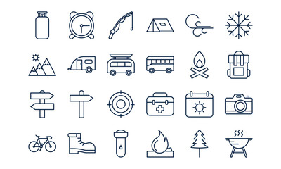 Camping icon showing outdoor activity with tent and nature in modern outline style