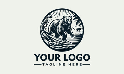 Detailed engraved illustration of a bear surfing on a wave with a sunburst and palm tree in a circular frame. Summer adventure concept