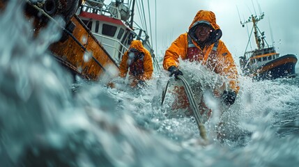 Amidst turbulent seas, fishermen clad in bright gear face challenges as they manage their net, showcasing resilience and teamwork in harsh marine conditions.