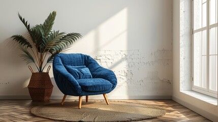 A minimalist scene featuring a comfy blue chair and a lush indoor plant, embodying tranquility, comfort, and the ideal atmosphere for relaxation and reflection at home.