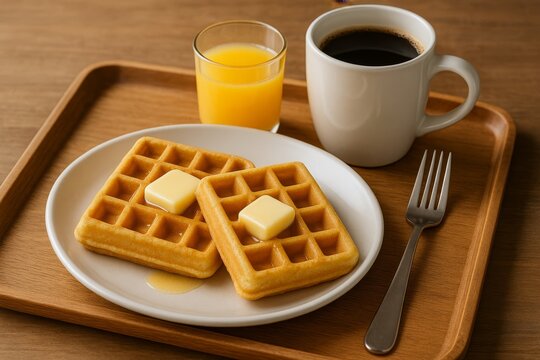Enjoying warm waffles with butter, fresh juice, and coffee on a wooden serving tray in a cozy breakfast setting