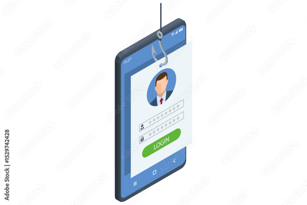 Poster isometric vector of a hooked login form pulled from an open yellow envelope by a fishhook, symbolizi