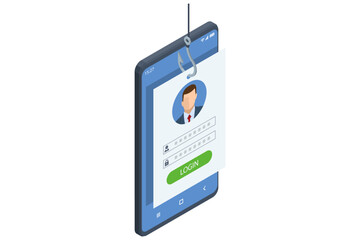 Isometric vector of a hooked login form pulled from an open yellow envelope by a fishhook, symbolizing hacker credential theft and deceptive phishing email. Phishing attack