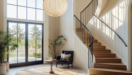 Elegant spiral staircase in a bright entrance hall. Sophisticated design and modern architecture.