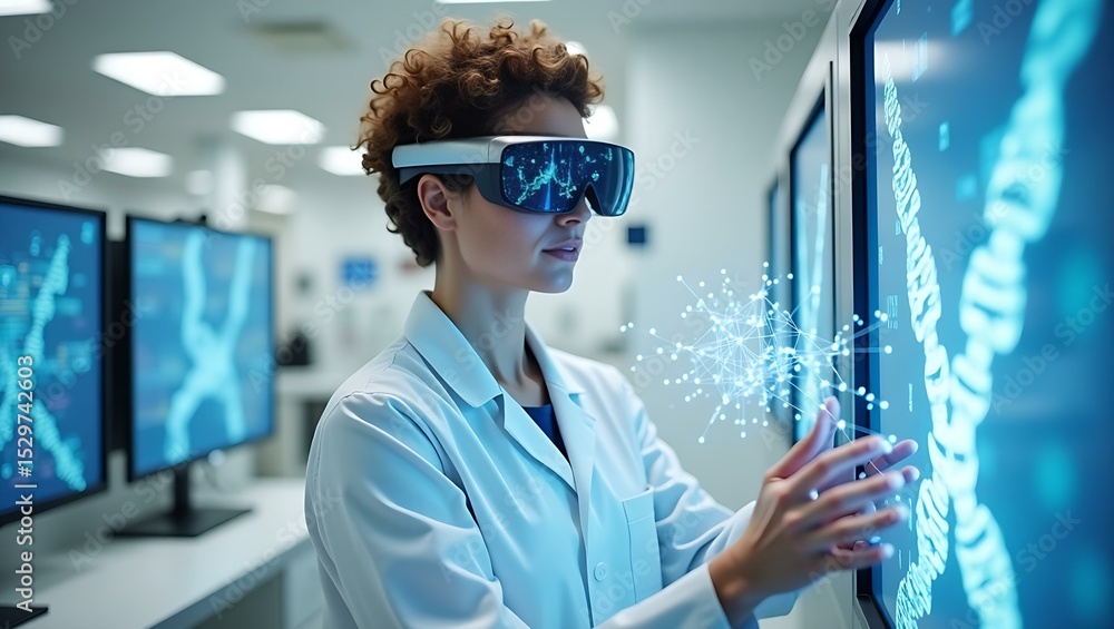 Aufkleber female scientist using virtual reality technology to analyze digital data in a modern laboratory.