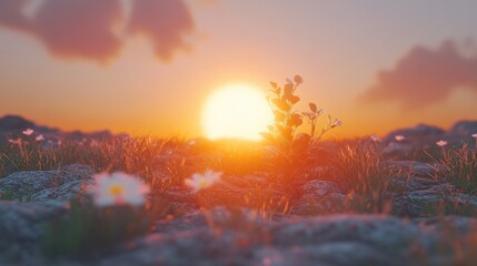 Sunset, small plant, wildflowers, rocky ground