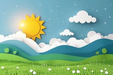 Charming Paper-Cut Landscape: Sunny Hills and Clouds Amidst a Starry Daytime Sky