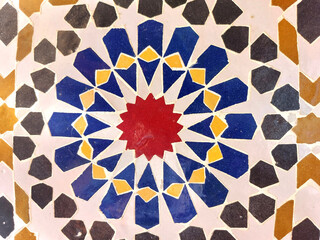 Moroccan Islamic mosaic tiles in Marrakesh, Morocco