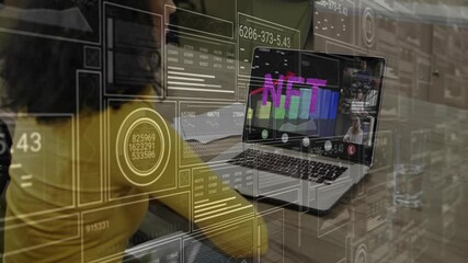 Business analyst opening laptop and joining NFT meeting displaying translucent data panels, charts - Powered by Adobe