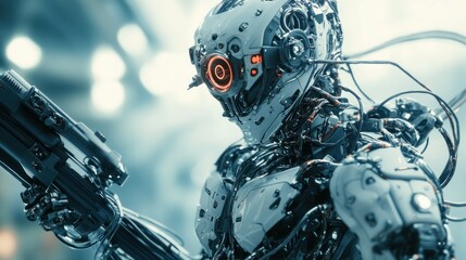 Fototapeta premium Cyber ​​robot soldiers with cables and wires on their bodies, advanced weaponry installed, background wallpaper AI generated image