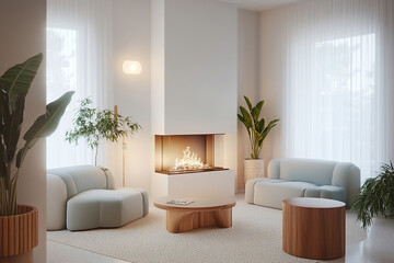 Contemporary living room with integrated fireplace, neutral-toned furniture and wooden details.