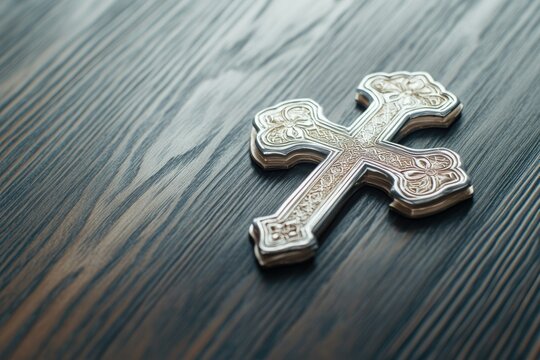 An ornate silver cross rests on a dark wooden surface, symbolizing faith and spirituality.