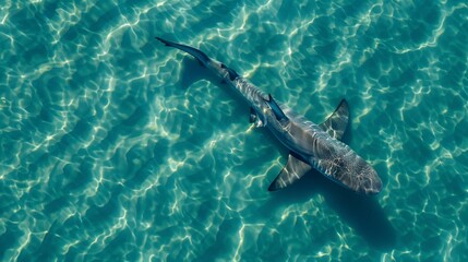 An aerial view captures a majestic shark gliding effortlessly through crystal-clear waters, epitomizing the beauty and grace of marine life in its natural habitat.