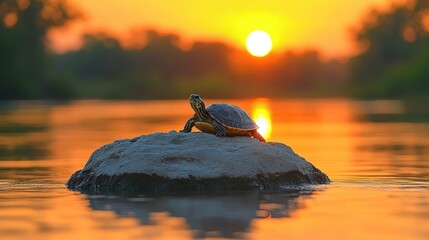 Turtle on rock at sunset over river