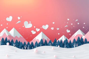 Whimsical Love: Paper Hearts and Planes Dance Over Snowy Mountains at Sunset