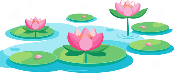 Flat Style Lotus Flowers and Lily Pads on Water - Cute Minimalist Illustration