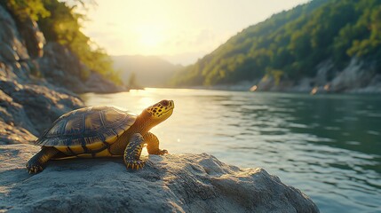 Turtle on rock by river at sunset