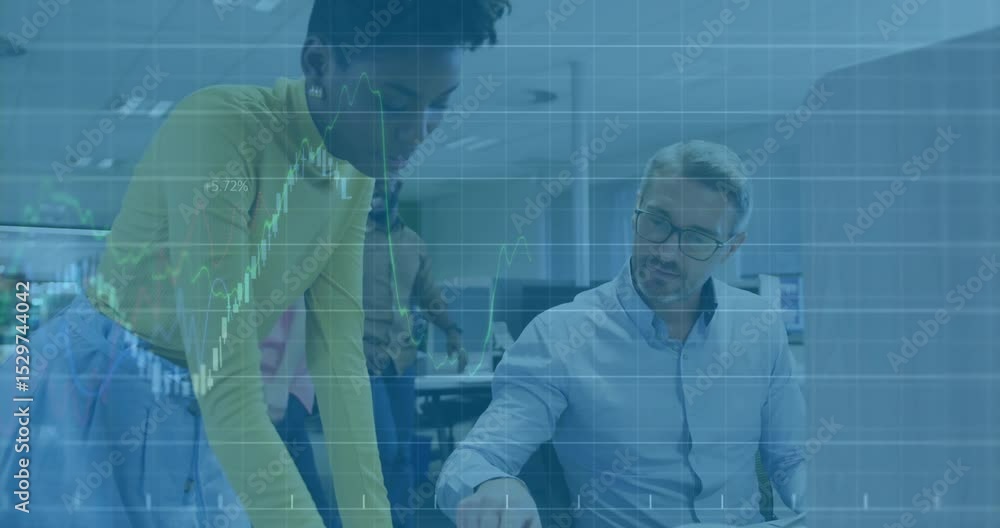Aufkleber woman placing report and pointing figures, causing finance chart overlay while man scanning data
