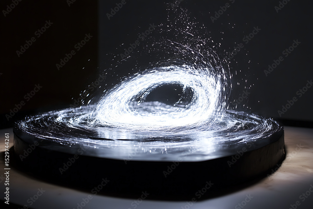 Poster a swirling vortex of light on a dark surface with particles emanating from the center ring shape