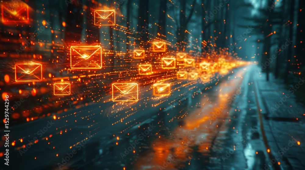 Poster an abstract visualization of digital messages represented as glowing icons traveling along a reflect