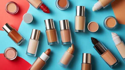 Obraz premium Assorted makeup foundation bottles and swatches styled against a vibrant background