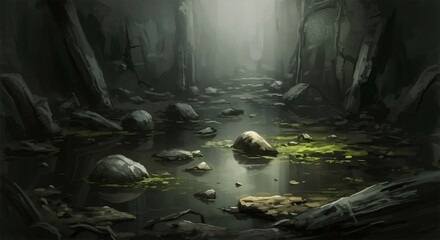 Gloomy sewer swamp environment. Dark, overgrown underground channel with rocks and water. Game concept art for scary location.