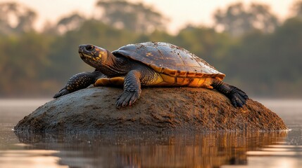 Turtle on rock in calm water, sunrise