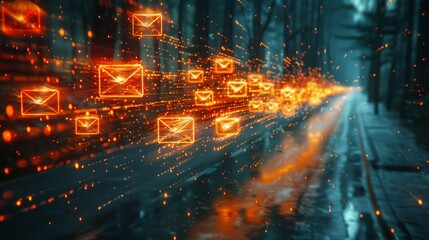 An abstract visualization of digital messages represented as glowing icons traveling along a reflective urban avenue, symbolizing connectivity in modern life.