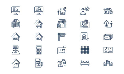 Real estate icon illustrating property investment, housing, and construction business in outline style