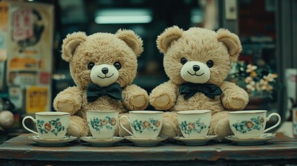 Two teddy bears, seated, with teacups
