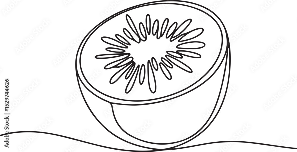 Poster continuous line drawing of a kiwi fruit cross-section in minimalist black and white single line art 