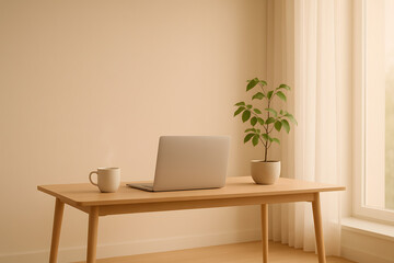 Modern Minimalist Home Office with Laptop and Indoor Plant – Scandinavian Interior Design