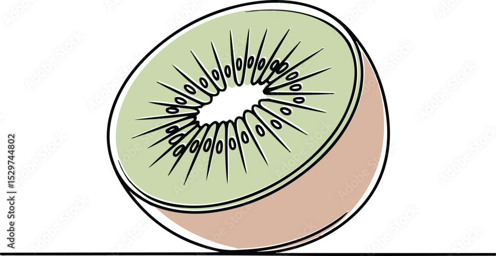 Poster continuous line drawing of a kiwi fruit cross-section in minimalist black and white single line art 