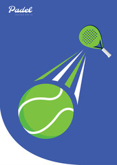 Padel racket hitting a green ball with a motion trail, dynamic flat illustration for padel sports content.