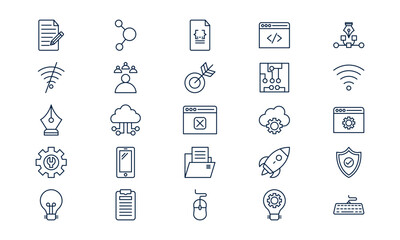 Web development icon representing coding, website creation, and digital interface design in outline style